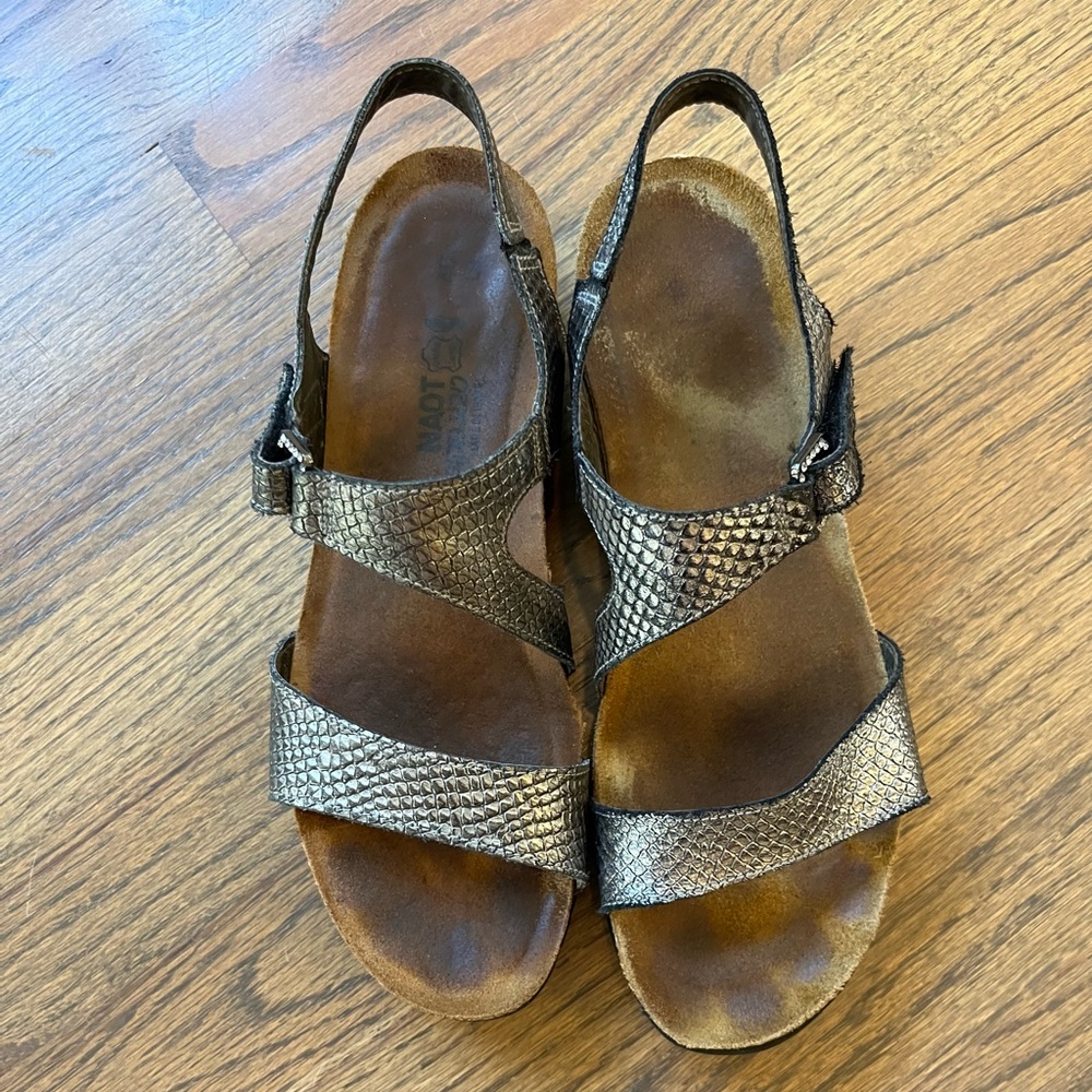 NAOT sandal Stylish Metallic Sandals rhinestone buckle, cork sole, size 9